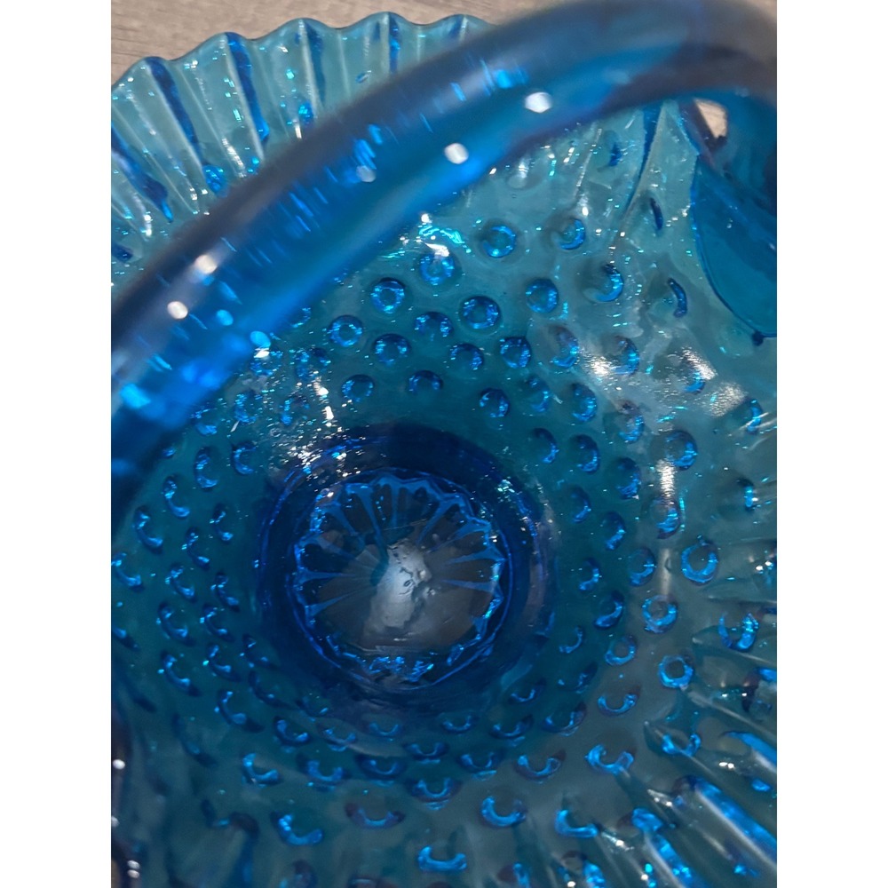 Vintage Fenton Hobnail Blue Glass Basket Ruffled Edge Crimped Candy Dish 7 inch - Picture 7 of 9